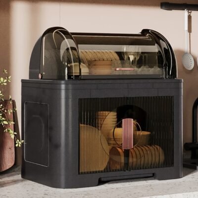 [Life Declaration] Modern Kitchen Organizer Cabinet – Clear View Doors, Adjustable Shelves, Multi-Functional Countertop Storage with Built-in Cutlery Trays, Glossy Black Finish, Space-Saving Plastic Display Case for Utensils, Dishes & Cook