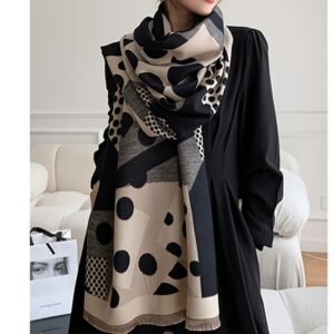 Women's Long White & Black Polka Dot Scarf - Winter Warm White Beige Grey Shawl Wrap, Soft Breathable Non-Elastic White Beige Grey Blowing-in-Wind-like-Effect (Casual & Dressy Outfits) - Versatile for Dresses, Jeans, Skirts