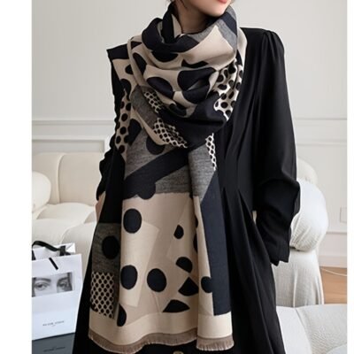 Women’s Long White & Black Polka Dot Scarf – Winter Warm White Beige Grey Shawl Wrap, Soft Breathable Non-Elastic White Beige Grey Blowing-in-Wind-like-Effect (Casual & Dressy Outfits) – Versatile for Dresses, Jeans, Skirts