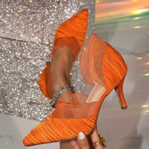 Women's Retro Vibrant Orange Pointed Toe Stiletto Heel Sandals - Mid-Heel Height with Arch Support, Open-Toe Design & TPU Sole - Elegant Dress Shoes for Work, Formal Events, Casual Attire - All-Season Comfortable High Heels - Solid Color D-Orsay Style with Ruffled Edge & Faux Cover Lining - Hand Wash Dry Clean - Perfect for Casual Formal Outfits, Fancy Heels for Women, Petite Pointed High Heel Shoes, Boots for Women Elegant Classy, Formal Lady Shoes,