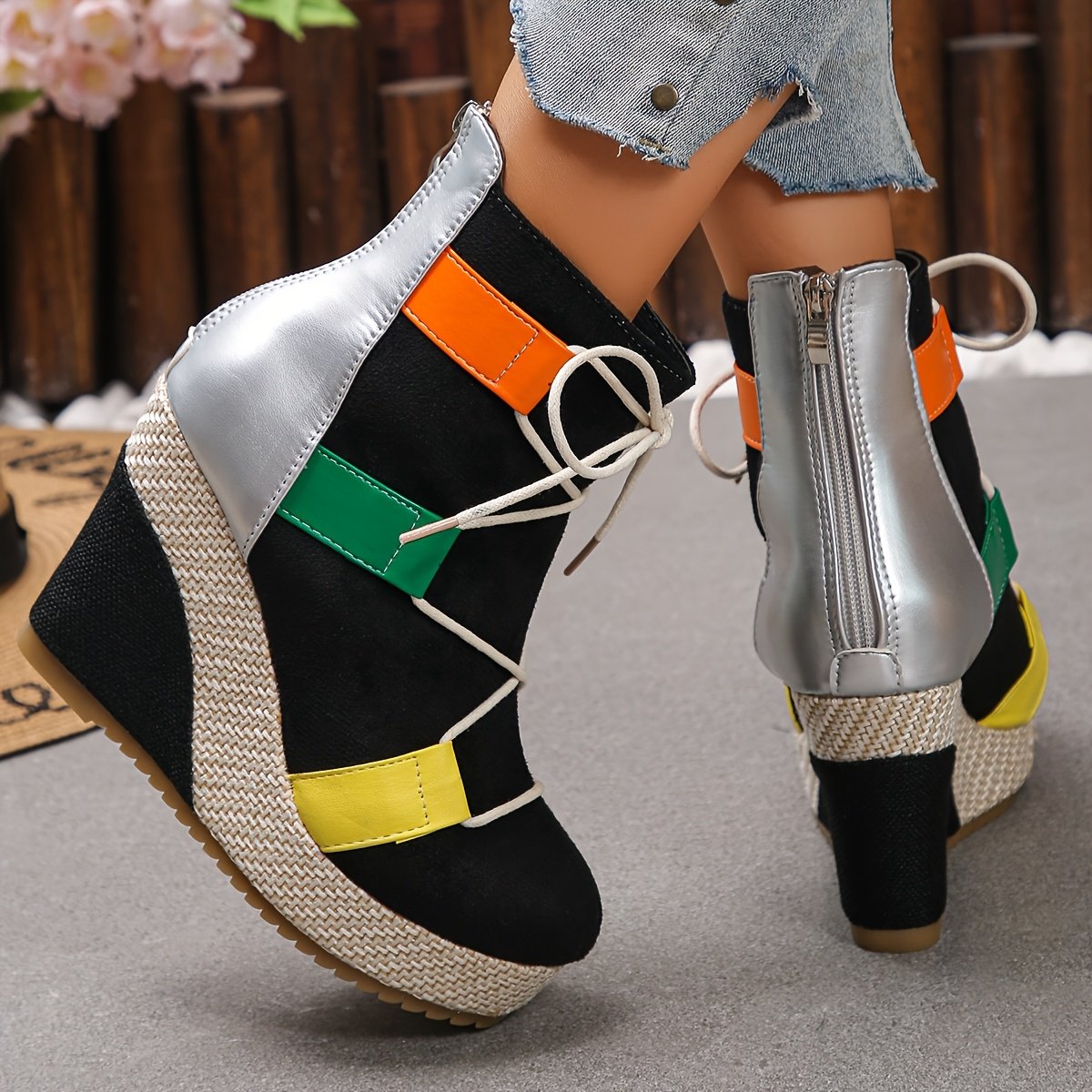 Women's Chunky Platform Wedge Boots with Back Zipper Closure - Thick Sole High Heel Winter Boots in Black/Green/Yellow, Round Toe Synthetic Cover/Fabric Upper & Cushioned Insole for Party, Casual & Casual Attire - All-Season Comfortable Booties