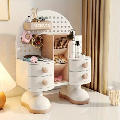 White Polka Dot Jewelry & Cosmetic Organizer with Drawers and Hooks – Multi-Functional Desktop Storage for Makeup, Skincare, and Accessories – Durable Plastic Countertop Organizer for Bathroom or Vanity, Makeup Vanity Desk, Playful Design, Decorative Storage