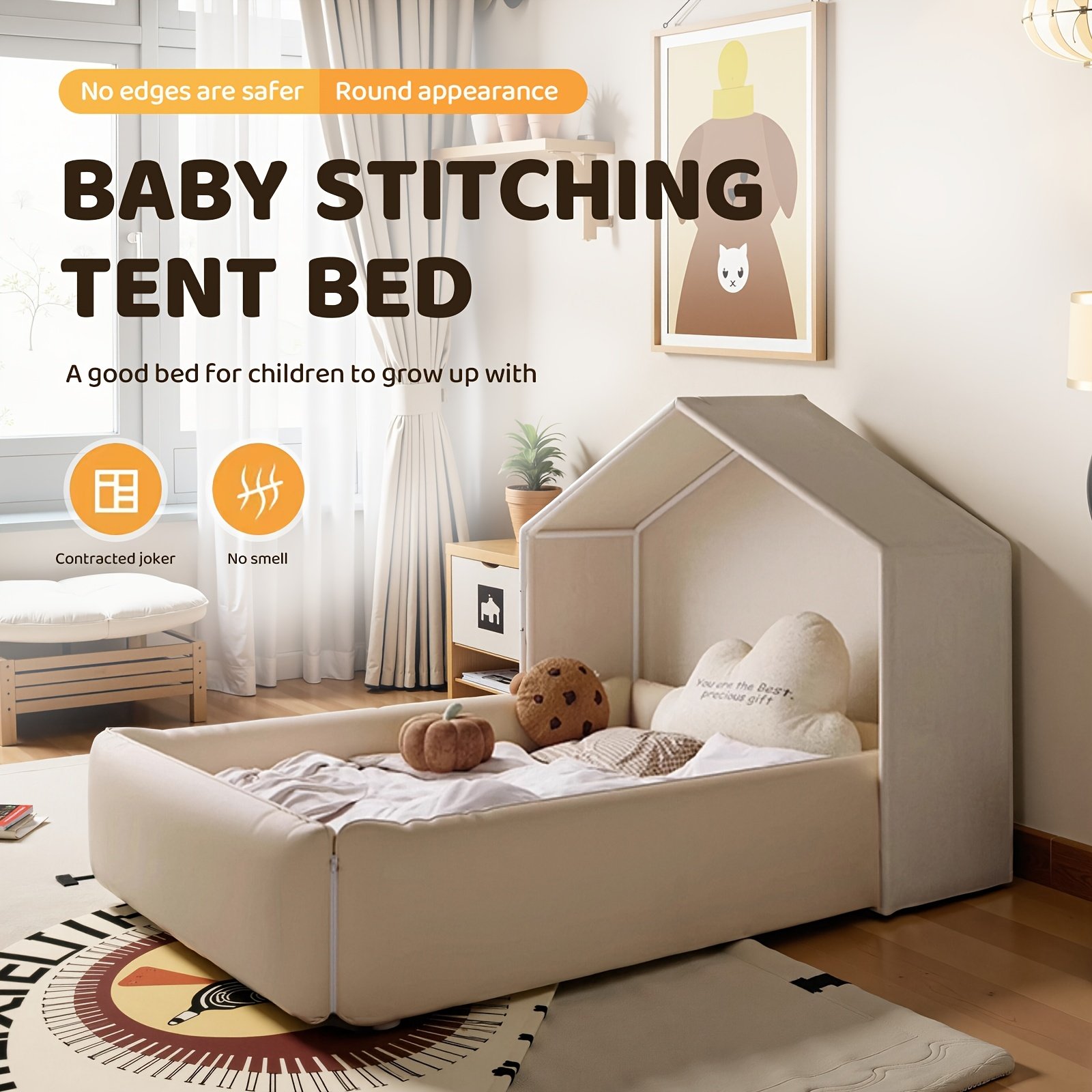 Convertible Baby Crib With Safety Enclosure & Guardrails - Multifunctional, Playpen Crib, Tree-Shaped Fabric Tent Mattress, Montessori Playhouse. Practical Bedroom Furniture, Suitable For Boys, Girls And Teens No Mattress Required