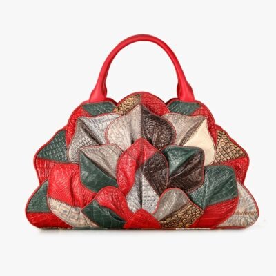 [Genuine Leather Satchel] Genuine Leather Satchel Handbag – Cobbler Legend Wo’s Handmade Top Layer Cowhide with Lotus Flower & Crocodile Texture Design, Detachable Strap, Zipper Closure, Vibrant Color Block for Casual & Formal Occasions