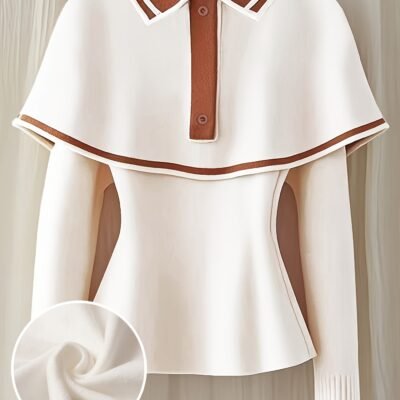 Elegant Women’S Long Sleeve Sweater with Color Block Lapel Collar – Chic Fall/Winter Top for Parties and Casual Outings, Sweater Dress