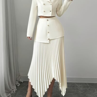 Two-Piece Women’S Suit with Notched Lapel, Waist-Cinching, Button-Up, Asymmetrical Pleated Skirt – Elegant Solid Color, Perfect for Spring/Fall, Adult