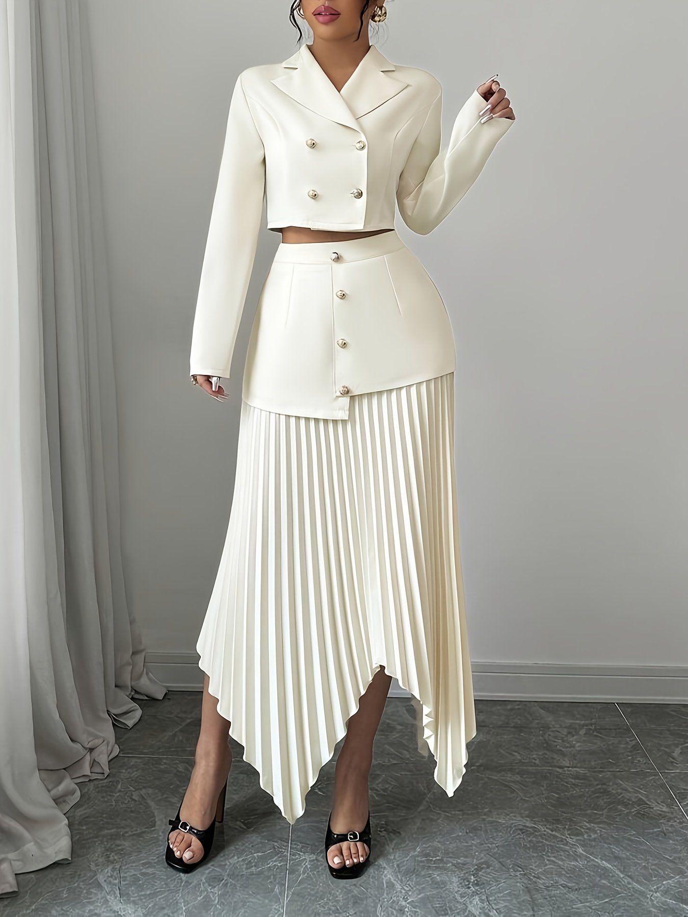Two-Piece Women'S Suit with Notched Lapel, Waist-Cinching, Button-Up, Asymmetrical Pleated Skirt - Elegant Solid Color, Perfect for Spring/Fall, Adult