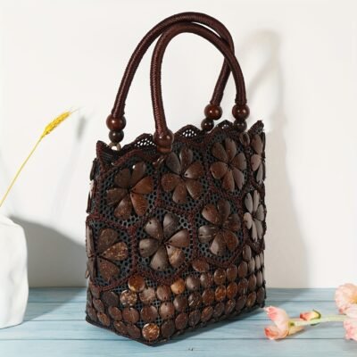 Handmade Bohemian Retro Geometric Plastic Handbag for Women – High-Quality Coconut Shell Design with Zipper Closure, Deep Brown Lining & Braided Handles, Versatile for Casual & Formal Occasions, Cute Purse