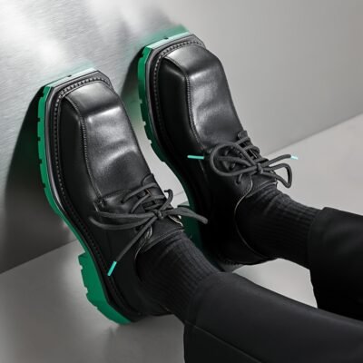 [Trendy Japanese Men's Shoes] Trendy Japanese High-end Popular Men's Shoes | Small Square Head Thick Sole Green Derby Casual Heightening Ins