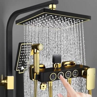 1 Set Luxury Black Golden Shower System with 8″ Rainfall Shower Head & Handheld Spray, 4-in-1 Shower Set with Thermostatic Mixing Valve, Wall-Mounted Bath/Shower Fixture, Brass Valve & Black/Golden Finish – Easy Installation, No Electrical Required, Complete Kit for Modern Bathrooms, Shower Sets for Bathrooms, Wall Mounted Shower System, Shower Panel, Shower Head And Faucet Set, Shower Sets for Bathrooms with Faucet