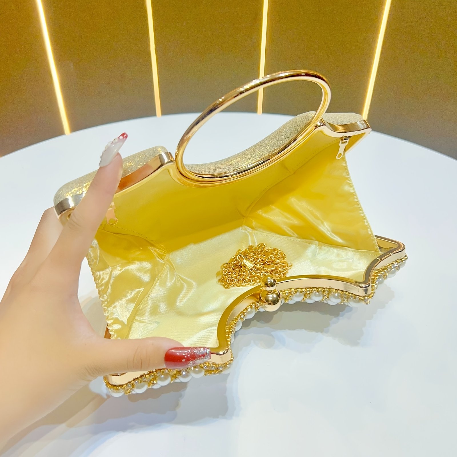 Elegant Women'S Pearl-Embellished Crossbody Bag with Detachable Shoulder Strap - Golden-Tone Metallic Strap, Beaded Detail, Versatile for Weddings, Daily Outings & Formal Events - Perfect Gift for Her, Wedding Accessory, Sophisticated Style, Pearl Embellishments - Image 8