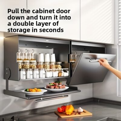 Wall-Mounted Kitchen Storage Cabinet with Pull-Down Double Layer Shelves – Carbon Steel Spice Rack Organizer, Space-Saving Clamshell Design for Utensils, Food Prep & Countertop Organization