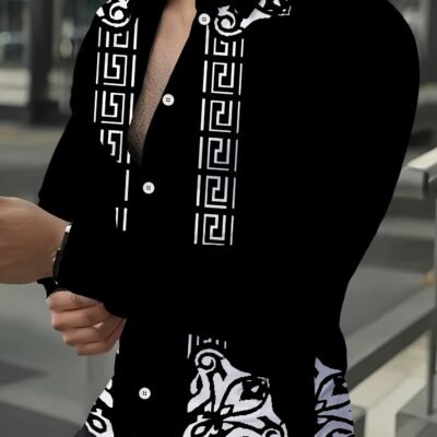 Men’s 3D Greek Key Print Long Sleeve Shirt – Black & White Greek Pattern Collar Casual Dress Jacket-like Button-Up Blazer for Spring/Fall, Smart-Casual & Formal Events, Machine Washable (No Dry Clean)