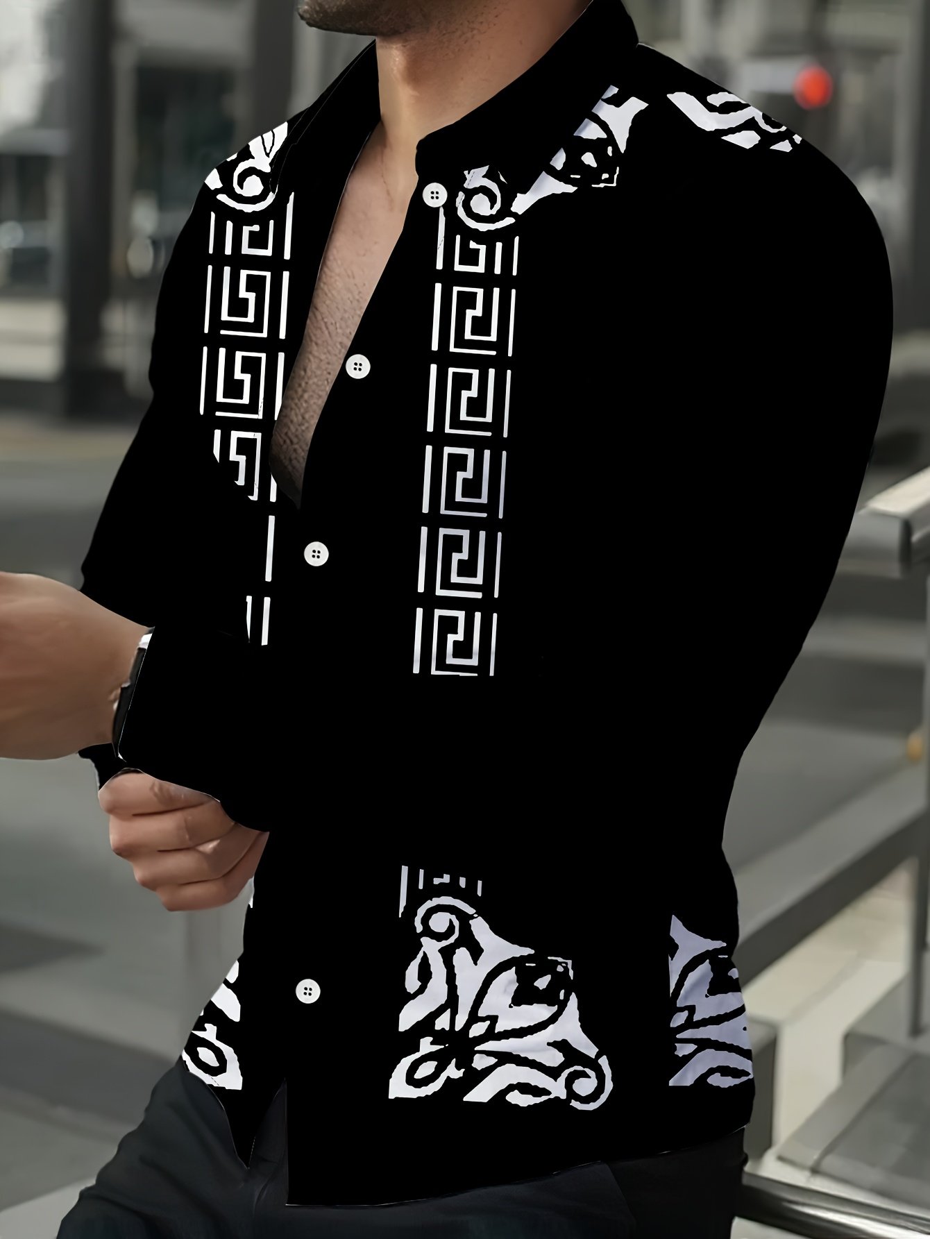 Men's 3D Greek Key Print Long Sleeve Shirt - Black & White Greek Pattern Collar Casual Dress Jacket-like Button-Up Blazer for Spring/Fall, Smart-Casual & Formal Events, Machine Washable (No Dry Clean)