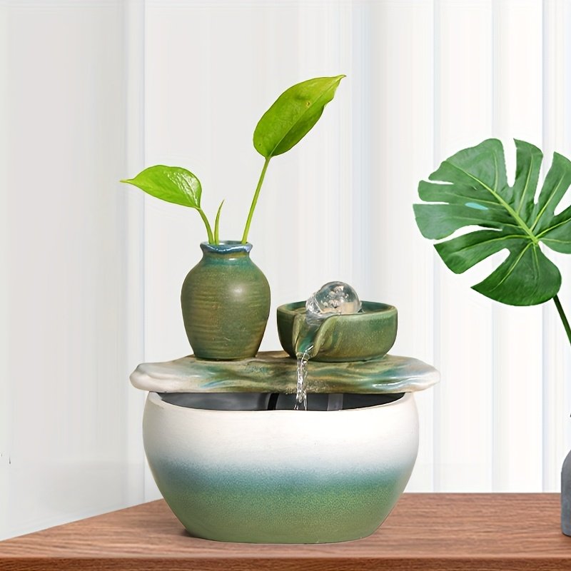 [1pc Indoor Waterfall Fountain] 1pc Indoor Waterfall Fountain | Soothing Water Flow & Pump, Modern Zen Garden Fountain for Home/Office Decor, Desktop/Tabletop Water Feature, Low-Voltage Safe Operation (No Outlet), Green/Grey Natural Sound