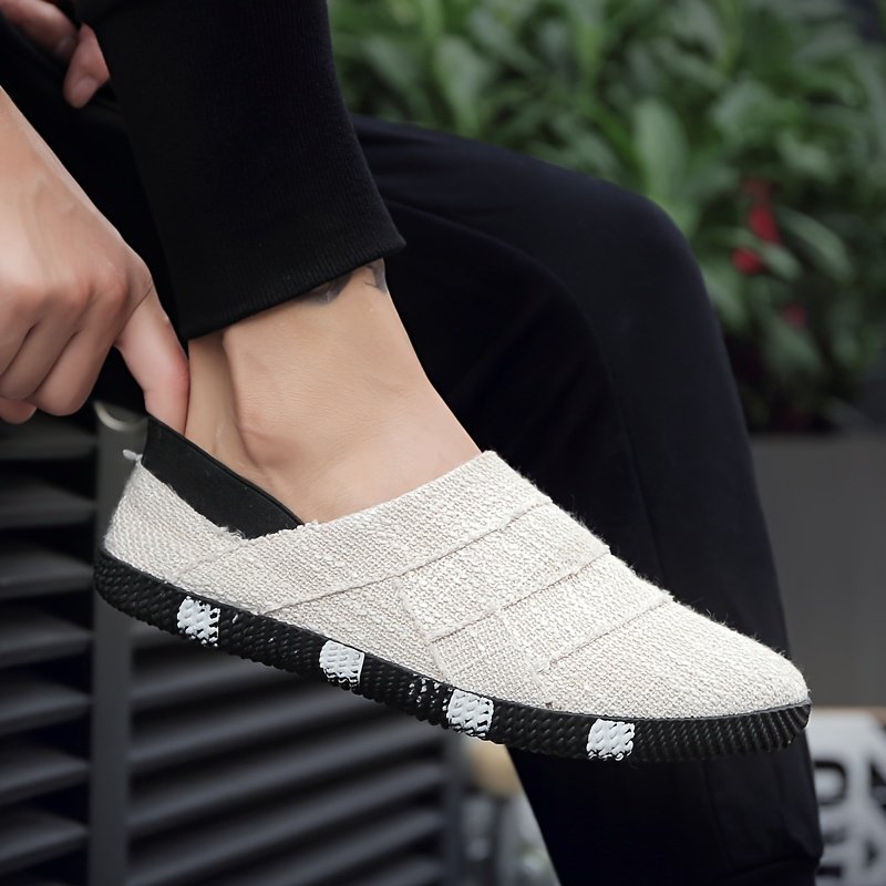 Men'S Vintage Canvas Slip-On Shoes - Casual White Espadrille with Black Sole, Round Toe, Low-Top Design for Spring & Summer, Hiking & Outdoor, Daily Wear, Casual Attire | Lowtop Shoes | Fabric Upper - Image 8