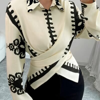 Plus Size, Plus Size Women’s Elegant Cross-Tie Blouse – Classic Collar Sleeve Shirt, Solid Color Non-See-Through Machine Washable Top for All-Season Wear, Semiformal Attire, Foldover Collar, Nontransparent Fabric