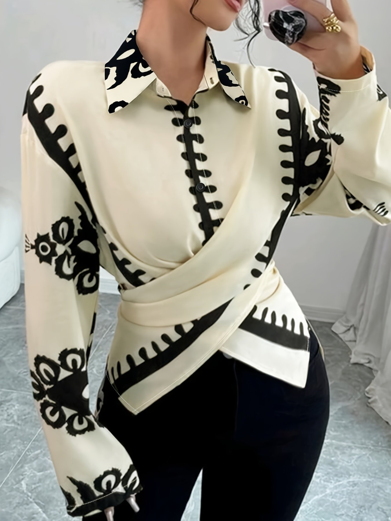 Plus Size, Plus Size Women's Elegant Cross-Tie Blouse - Classic Collar Sleeve Shirt, Solid Color Non-See-Through Machine Washable Top for All-Season Wear, Semiformal Attire, Foldover Collar, Nontransparent Fabric