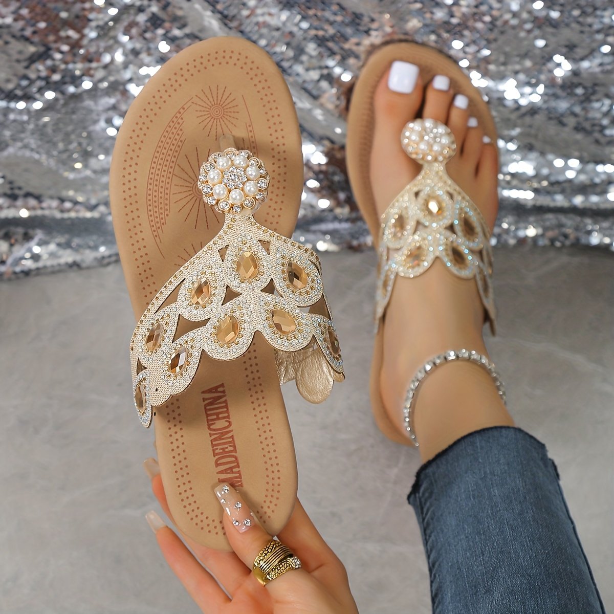 Women'S Rhinestone & Pearl-Embellished Flat Sandals - Sparkling Summer Slip-On Flat Heels with Adjustable Ankle Strap, Comfortable PU Cover for Casual Outings, Beach, or Parties, Party Footwear, Floral Embellished Design, Durable Tpr Sole - Image 9