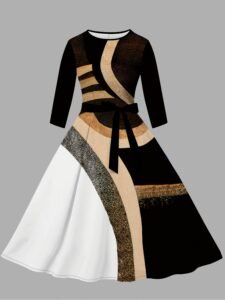 Women's Elegant Black & Golden Dress - Formal Party, flared skirt, Machine Washable - for Gala, Wedding, Evening Events - Women's Evening Gown, Gala Attire, Round Neckline, Stylish Print, Trendy Outfit, Fashion Lovers, Highquality Material, Fashionista Outfit