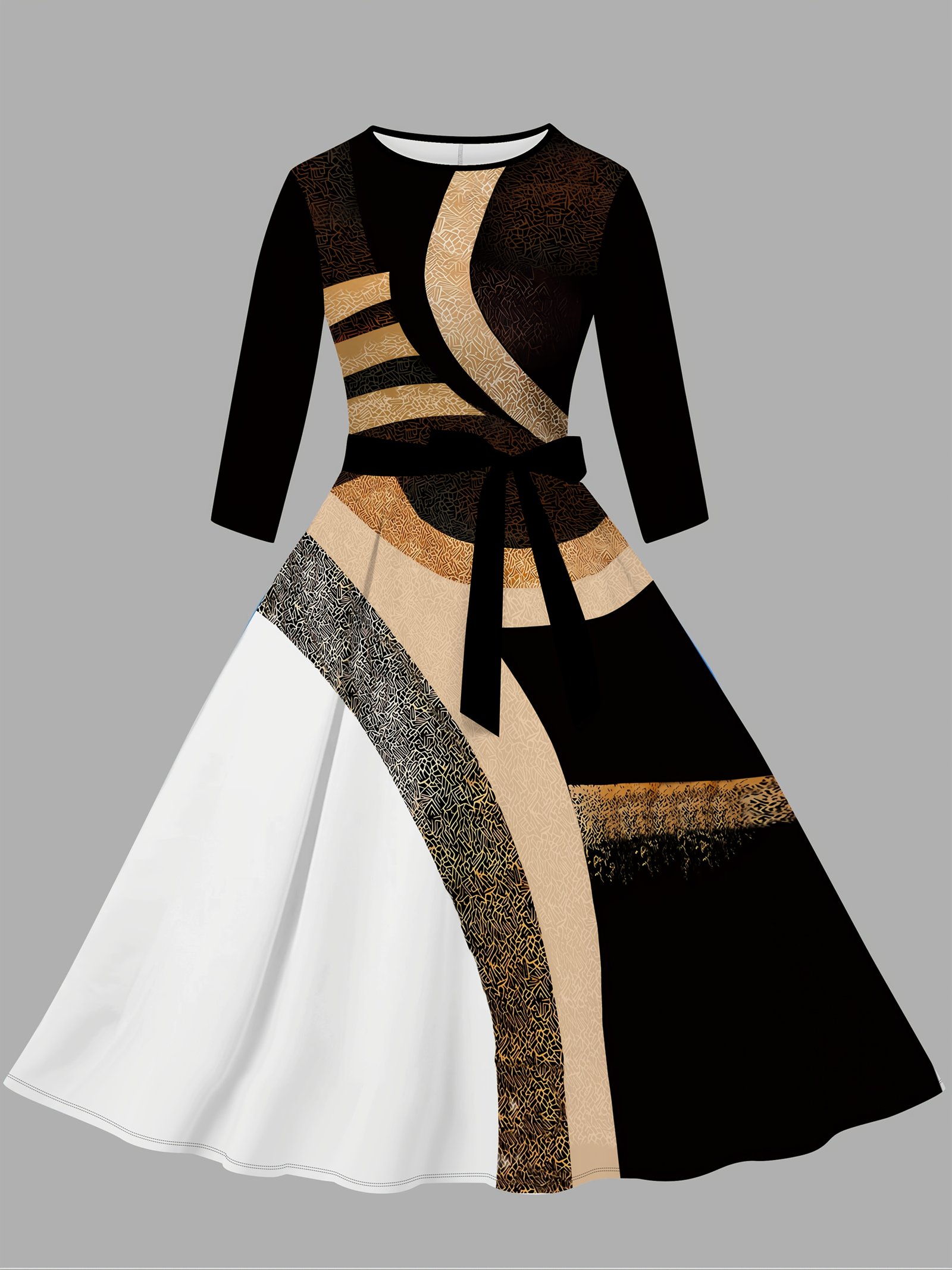 Women's Elegant Black & Golden Dress - Formal Party, flared skirt, Machine Washable - for Gala, Wedding, Evening Events - Women's Evening Gown, Gala Attire, Round Neckline, Stylish Print, Trendy Outfit, Fashion Lovers, Highquality Material, Fashionista Outfit