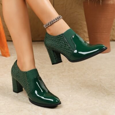 Women’s Chunky Block Heel Slip-On High Heels – Round Toe Faux s, All-Season PU & Sole, Solid Color White//Black/Navy/Beige – Wedding, Office, Party, Everyday Elegant Footwear