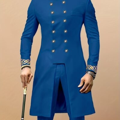 Dashiki Men’s Long Sleeve Set, Round Neck Button-Up Shirt with Pockets and Split Hem, Elastic Pants, 2pcs Casual Outfit for Style, Wedding Attire, Black – New Season Collection