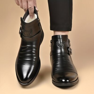 [Men’s Vintage Western Boots] Men’s Vintage Western Style Ankle Boots with a Convenient Side Zipper and Ornate Carved Buckle, Featuring a Pointed Toe and Unique Pleated Vamp for a Stylish Biker Formal Look