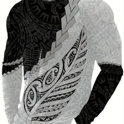 Men’S Fashion Casual Long Sleeve T-Shirt, Polyester Knit, Round Neck, Stretch Fabric, Random Print, All Seasons, Regular Fit, Home Wear Top