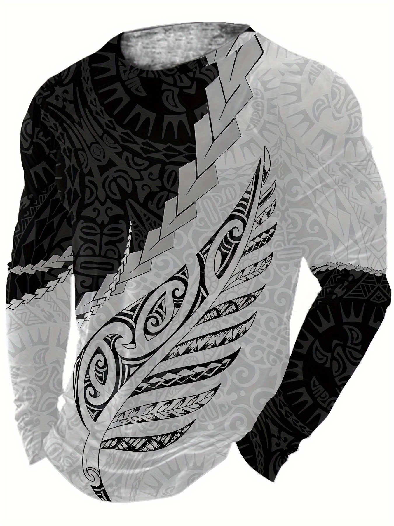 Men'S Fashion Casual Long Sleeve T-Shirt, Polyester Knit, Round Neck, Stretch Fabric, Random Print, All Seasons, Regular Fit, Home Wear Top