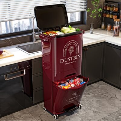 1pc Large Capacity Heavy-Duty Kitchen Trash Can with Foot Pedal Lid & 2-3-Tier Storage Compartments – 39L-44L Heavy-Duty PP Rectangular Bin with Locking Mechanism, Manual Operation, Durable Polypropylene Construction for Home, Office, Commercial Use – Space-Saving Design, Odor Control, Easy Rollable Mobility (No Electricity Required) – Ideal for Wet/Dry Waste Sorting