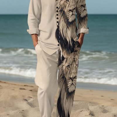 Men’S Fashion Print Suit, Two-Piece Set, Casual Lion Pattern Print Outfit for Parties, Evening Wear, Daily Festivals, Home Use, Four Seasons Stand Collar Leisure Suit