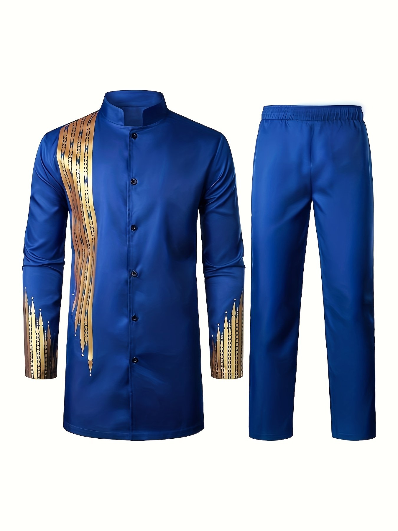 Men'S Casual Long-Sleeve Two-Piece Suit - Mid-Length Top & Trousers, Button Detail, Loose Fit, All-Season Wear, Traditional Cultural Attire, Formal & Everyday Outfits - Image 3