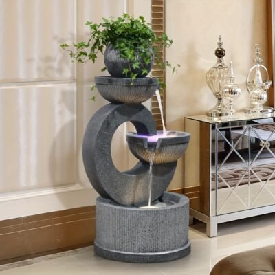 [Lighted Gray Water Fountain] Gray Outdoor Fountain with Lights | Indoor Floor-standing Waterfall for Courtyard, Garden, Terrace & Living Room