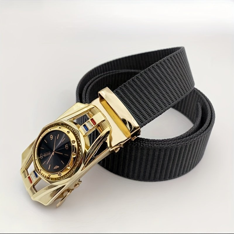 Men'S Casual Outdoor Belt with Watch Face Design - Golden Tone Alloy Buckle, Black Dial with Roman Numerals, Red Second Hand, and Date Display, Breathable Nylon Strap, Automatic Buckle, Casual Attire Accessory|Watch Face Design Belt|Durable Nylon Strap, Casual Belt - Image 6