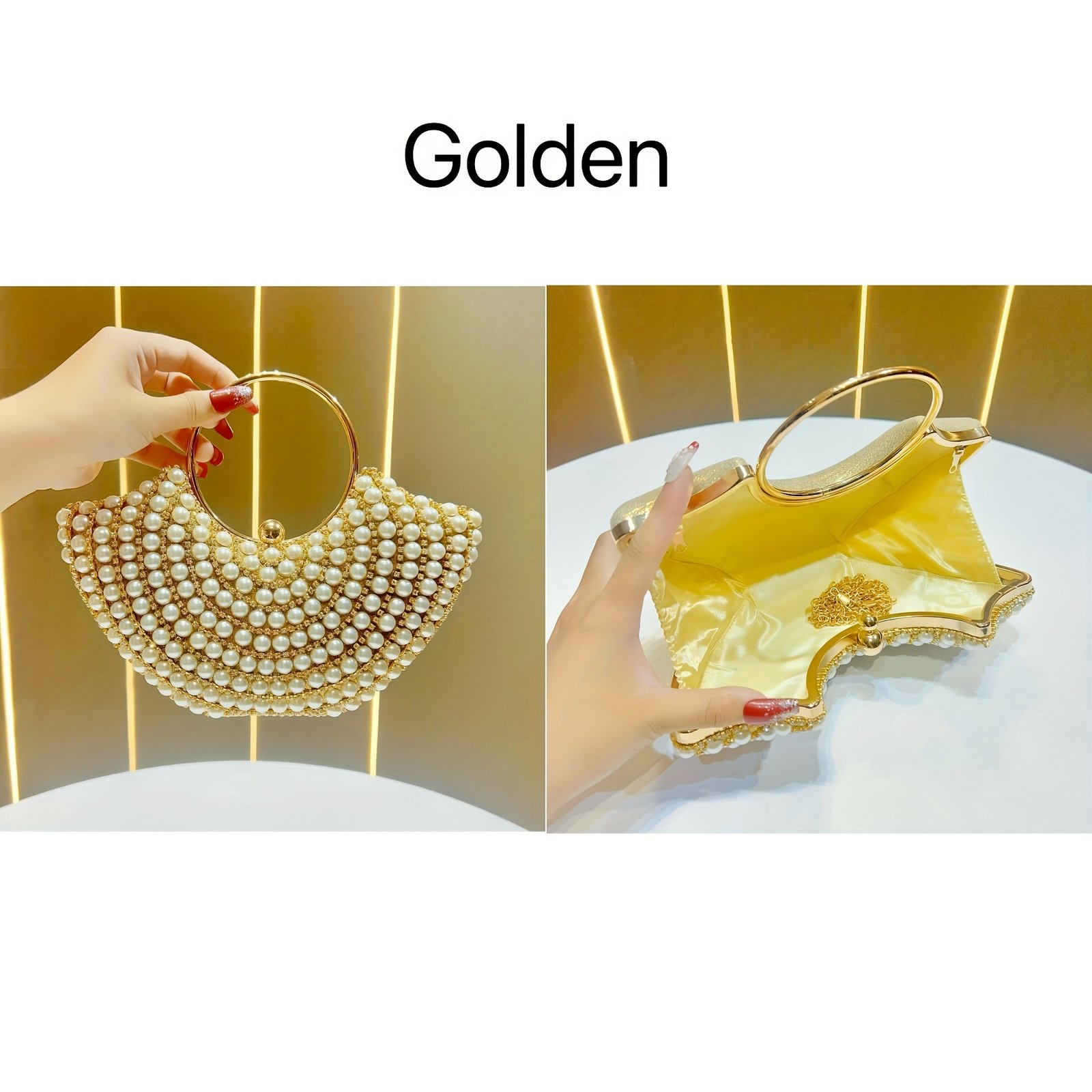 Elegant Women'S Pearl-Embellished Crossbody Bag with Detachable Shoulder Strap - Golden-Tone Metallic Strap, Beaded Detail, Versatile for Weddings, Daily Outings & Formal Events - Perfect Gift for Her, Wedding Accessory, Sophisticated Style, Pearl Embellishments - Image 2