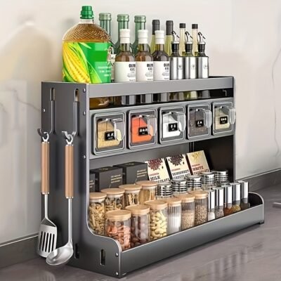 Stainless Steel Kitchen Spice Rack with Hanging & Placement Options – No Drill Wall-Mounted Organizer, Multi-Tiered Shelf for Salt, Pepper, Herbs, Utility Racks, Kitchen Spice Rack