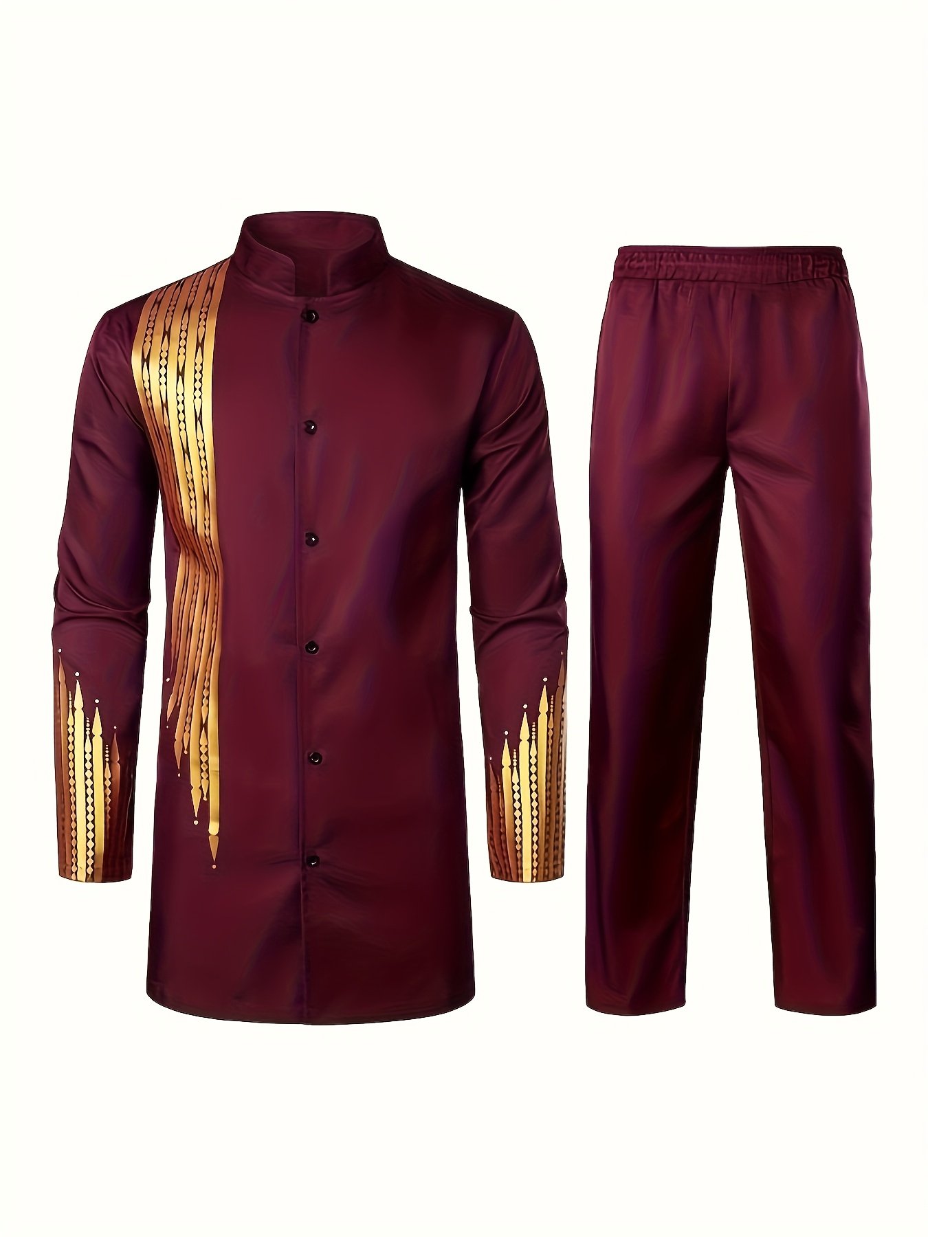 Men'S Casual Long-Sleeve Two-Piece Suit - Mid-Length Top & Trousers, Button Detail, Loose Fit, All-Season Wear, Traditional Cultural Attire, Formal & Everyday Outfits - Image 5
