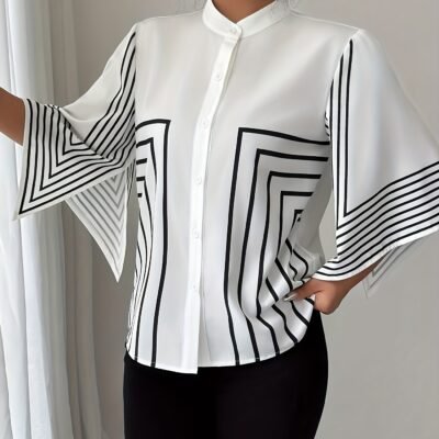 Women’S Elegant French-Inspired Blouse – Long Sleeve Button-Front Shirt with Asymmetrical Hem, Non-See-Through Fabric for Office, Party, Everyday – Spring/summer/fall Women’S Clothing, Party Attire, Geometric Print, Stylish Top, Fashion Lovers