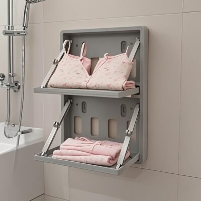 No-Drill Adhesive Wall-Mounted Double-Layer Folding Shelf – Reinforced Thickened Plastic Bathroom Organizer with 2-Tier Shelves for Towels, Toiletries – Space-Saving Storage for Bathroom & Toilet Walls, Toiletry Organization, Minimalist Design, Sturdy Construction, Compact Design, Durable Material, Compact Spaces, Utility Racks
