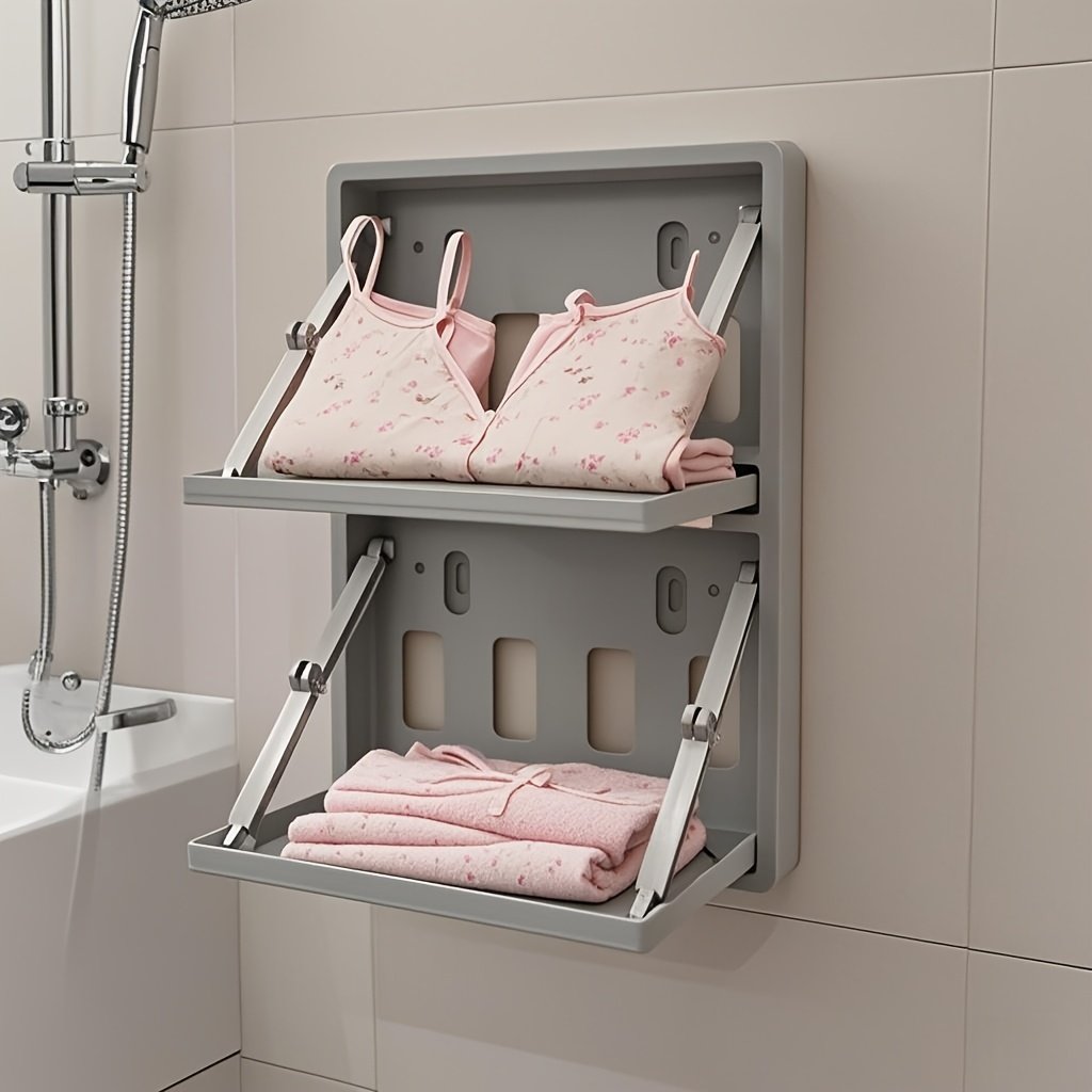 No-Drill Adhesive Wall-Mounted Double-Layer Folding Shelf - Reinforced Thickened Plastic Bathroom Organizer with 2-Tier Shelves for Towels, Toiletries - Space-Saving Storage for Bathroom & Toilet Walls, Toiletry Organization, Minimalist Design, Sturdy Construction, Compact Design, Durable Material, Compact Spaces, Utility Racks