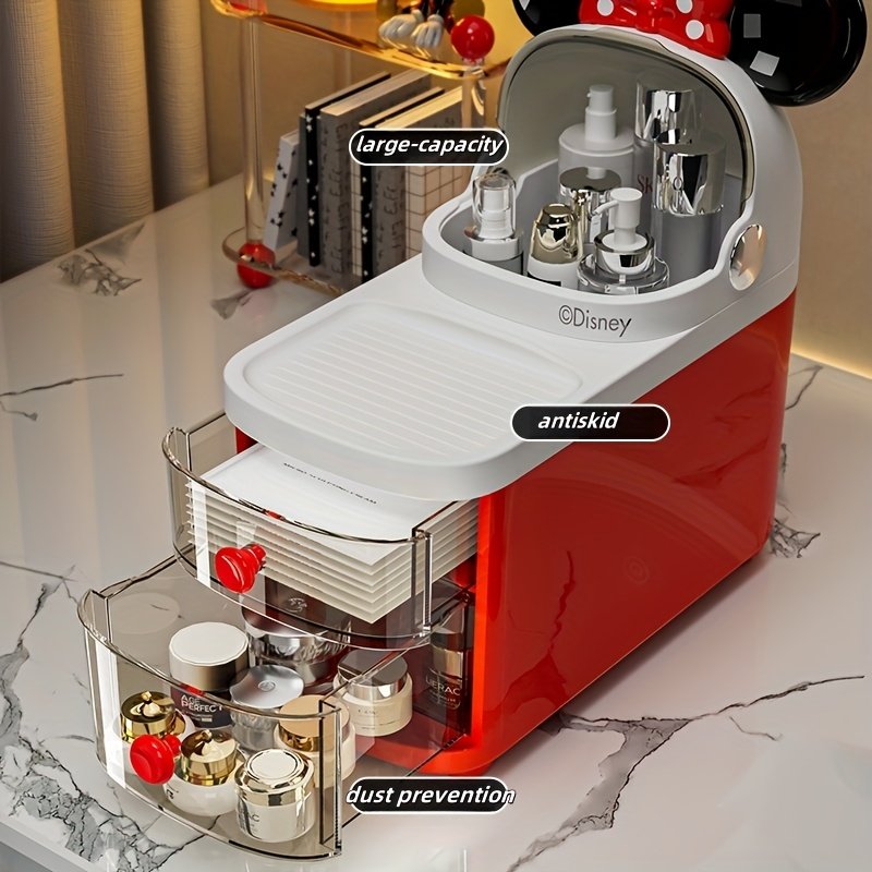 1pc Mickey & Minnie Mouse Series No-Drill Bathroom Multi-Compartment Transparent Cosmetic Organizer - Freestanding Multifunctional Storage Box with Wheels, Large Capacity for Makeup, Toiletries, Tissues - Durable Plastic Bathroom Accessories, Makeup Organizers Storage, Playful Design, Polished Finish