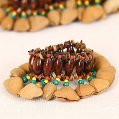1pc Natural Fruit Shell Handbell – African Drum Strike Wrist Bell with Beaded Strap, Mixed Colors, Solid Shell Construction for Halloween, Thanksgiving, Christmas Decorations & Music Accompaniment, Handbell For Music, Festive Accessory