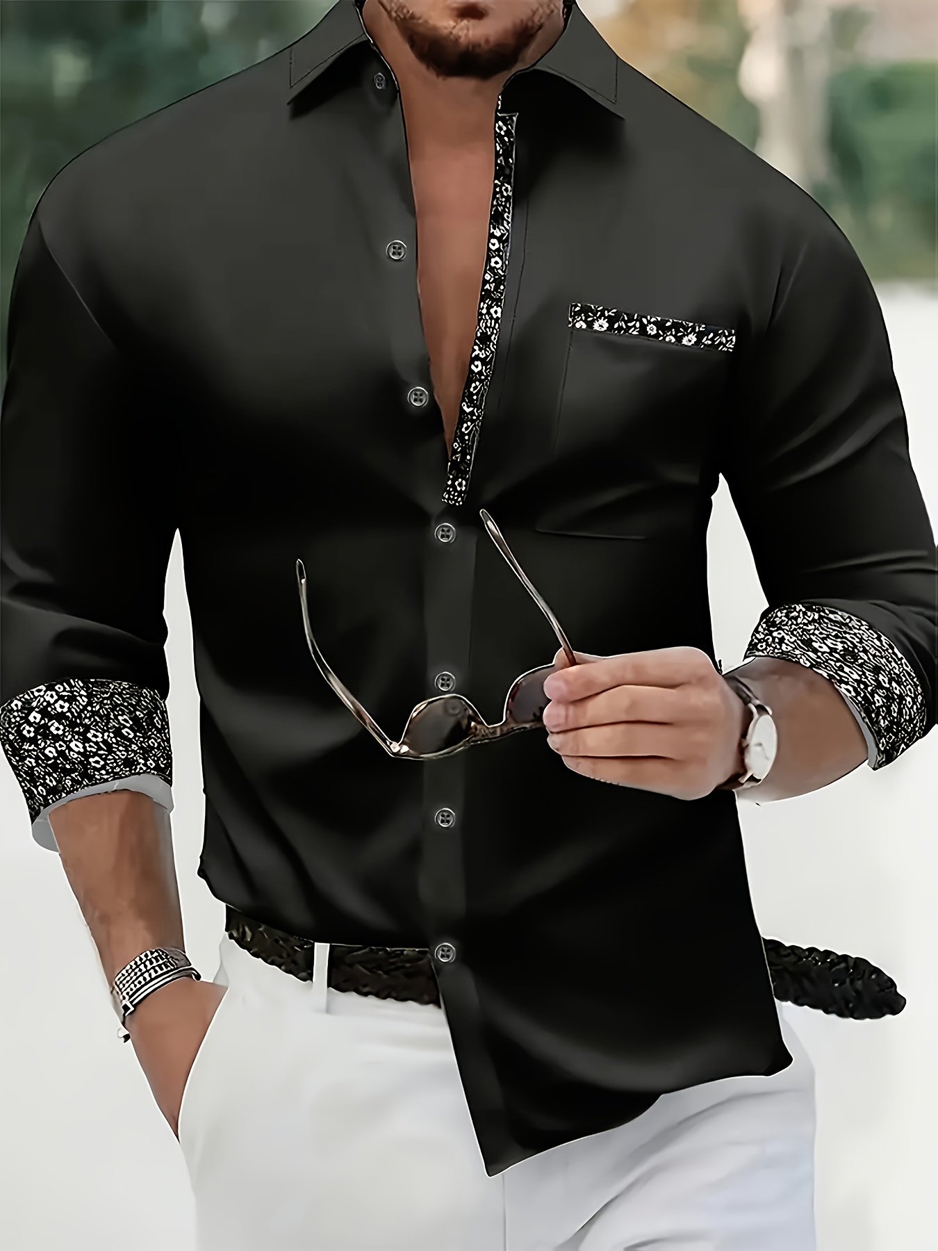 Business Casual Men's Spring/Autumn Long Sleeve Button-Down Shirt with Pockets and Hem Stitching, Suitable for Outings, Holidays, 100% Polyester Machine Washable Not Dry Clean. WXCY946 - Image 4