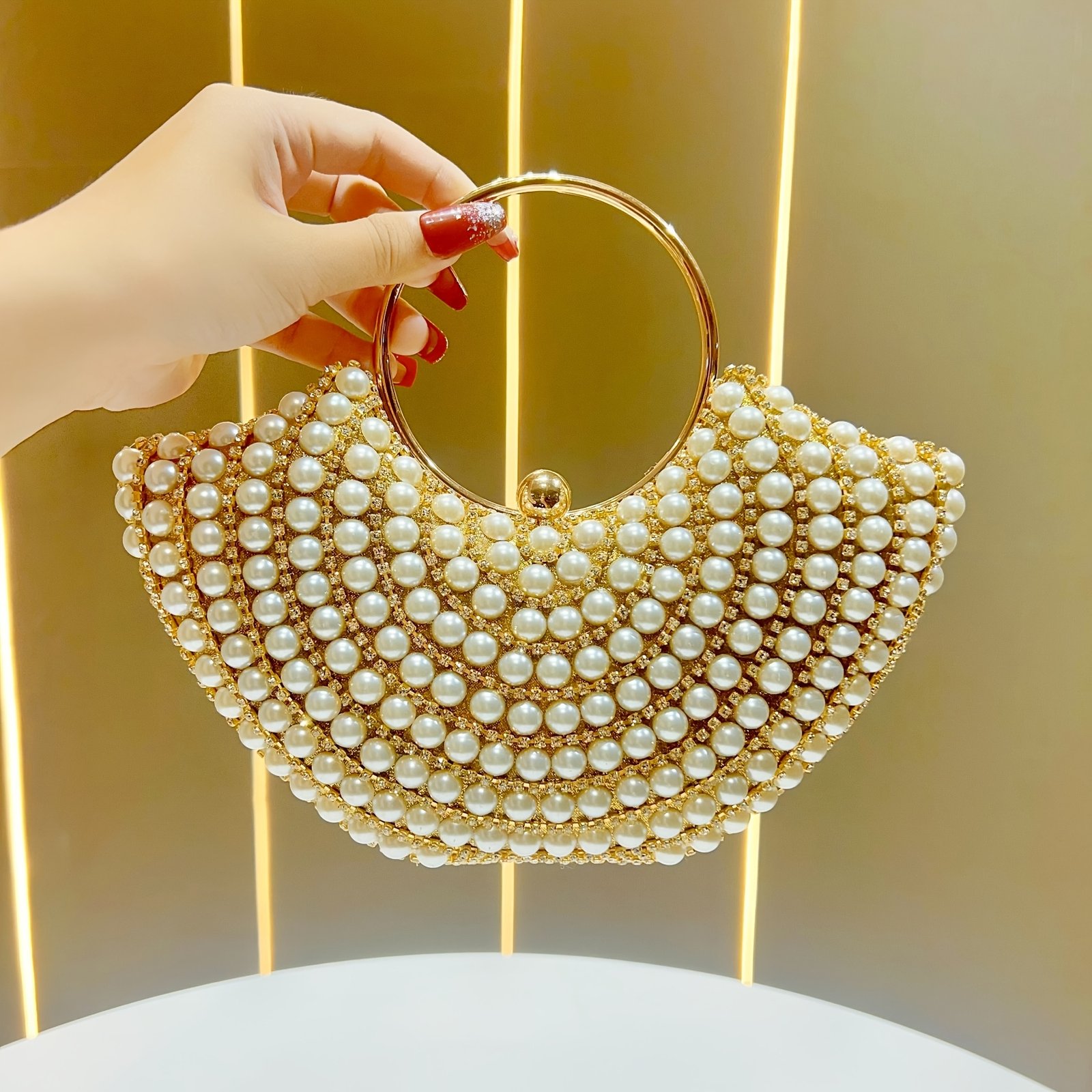 Elegant Women'S Pearl-Embellished Crossbody Bag with Detachable Shoulder Strap - Golden-Tone Metallic Strap, Beaded Detail, Versatile for Weddings, Daily Outings & Formal Events - Perfect Gift for Her, Wedding Accessory, Sophisticated Style, Pearl Embellishments - Image 9