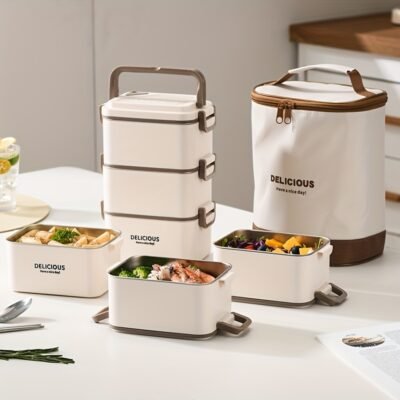 1pc Stainless Steel Square Compartmented Multi-Layer Lunch Box – Large Capacity Lunch Box with Cutlery, 1/2/3 Layers, Suitable for Adults, Office Workers in School, Canteen, School Dormitory, for Camping Picnic And Beach, Home Kitchen Supplies