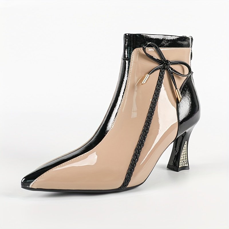 Women's Stylish Color-Block Heeled Ankle Boots | Pointed-Toe Block Heel, Irregular Heel with Bow Accent, Back Zip Retro Vibe | Perfect for Daily & Party Wear. - Image 2
