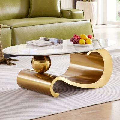 Modern Die-Cast Stone Coffee Table with Stainless Steel Base, an Elegant And Durable Centerpiece for Living Rooms. Easy to Assemble And Clean. Curved Design for Knock Prevention, Suitable for Living Rooms And Offices.