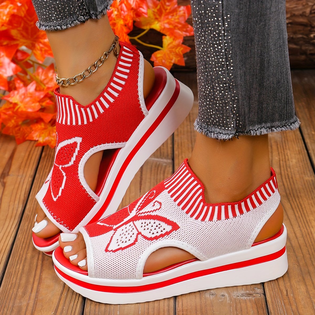 Women's Contrast Color Casual Sandals, Platform Slip On Knitted Walking Shoes, Butterfly Wedge Vacation Shoes