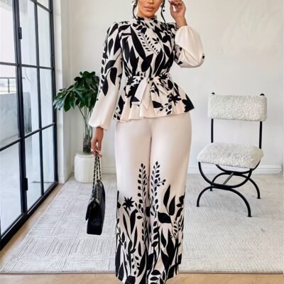 European and American Elegant Directional Holiday Party Plant Floral Print Stand Collar Lantern Sleeve Tie Waist Ruffle Hem Top and Wide Leg Pants Elegant Commuter Women’S Two-Piece Set, Wedding Guest Dresse Women, Elegant Outfit For Woman